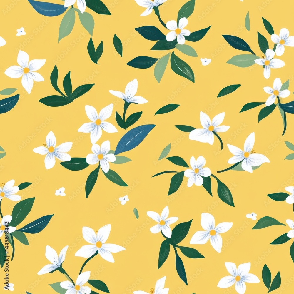 Floral Pattern with White Blossoms and Green Leaves on Yellow Background. Floral Pattern with White Blossoms and Green Leaves on Yellow Background.