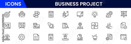 Business set of web icons in linear style. Business Project icons for web and mobile apps. Business, organisation management, planning, project, startup, marketing, teamwork. Vector illustration