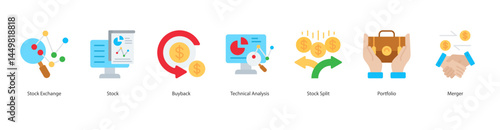 Market Strategy icon sheet stock exchange, stock, buyback, technical analysis, stock split, portfolio, merger