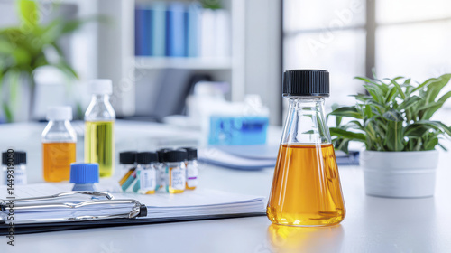 Laboratory equipment glassware chemical analysis orange liquid research workspace scientific study plant decoration modern office