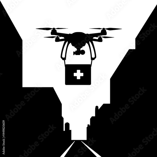 Drone delivering medical supply over urban skyline, health innovation