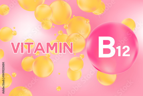 Vitamin B glowing 3D pink molecule element or bubble background, fluid flowing bubble fizz, beauty supplement, nutrition products banner, presentation, infographic design