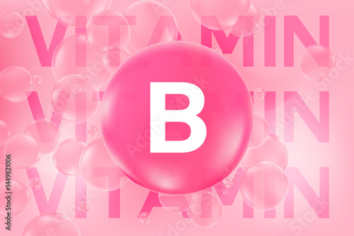 Vitamin B glowing 3D pink molecule element or bubble background, fluid flowing bubble fizz, beauty supplement, nutrition products banner, presentation, infographic design