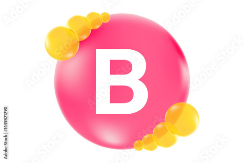 Vitamin B glowing 3D pink molecule element or bubble isolated, transparent background, fluid flowing bubble fizz, beauty supplement, nutrition products banner, presentation, infographic design