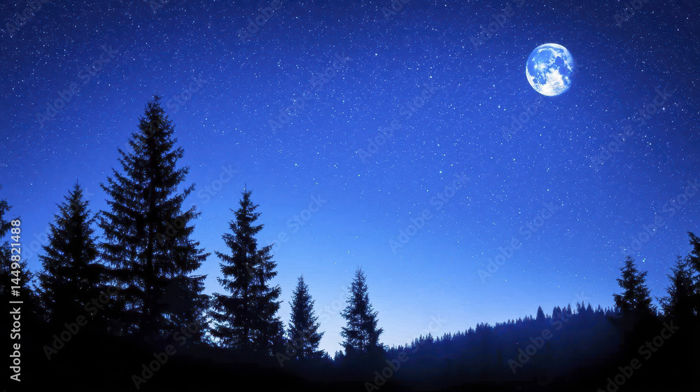 serene night sky filled with stars and bright moon illuminates forest silhouette, creating tranquil atmosphere serene night sky filled with stars and bright moon illuminates forest silhouette, creating tranquil atmosphere