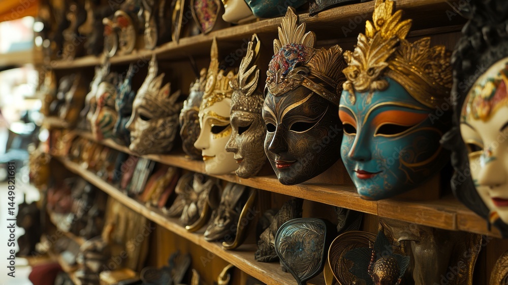 Hand-painted tribal masks arranged on antique shelf Hand-painted tribal masks arranged on antique shelf