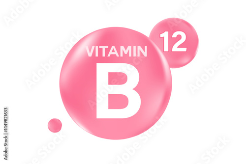 Vitamin B glowing 3D pink molecule element or bubble isolated, transparent background, fluid flowing bubble fizz, beauty supplement, nutrition products banner, presentation, infographic design