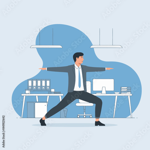 Businessman doing yoga in the office background illustration