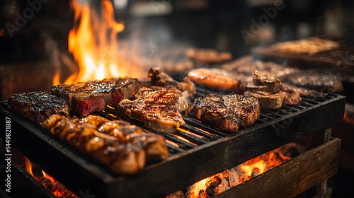 A close up of various cuts of steak grilling over an open flame on a metal grate barbecue grill