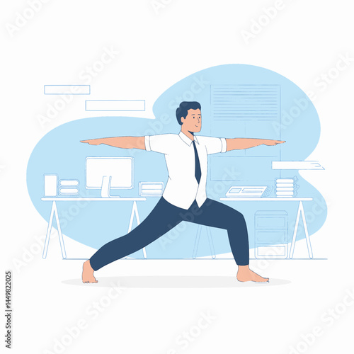 Businessman doing yoga in the office design flat background