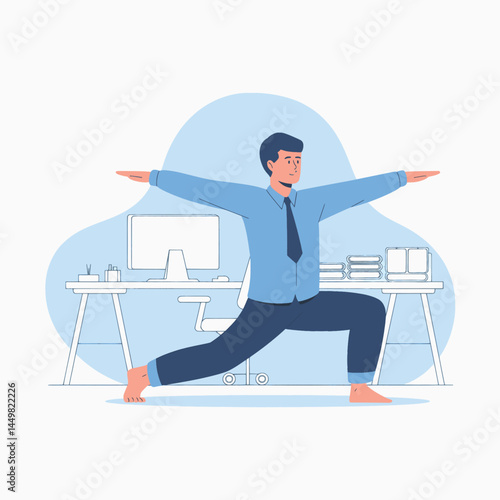 Businessman doing yoga in the office design flat illustration background