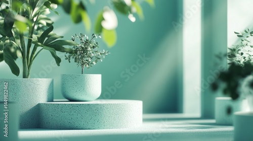 Minimalist plant display with geometric shapes and shadows