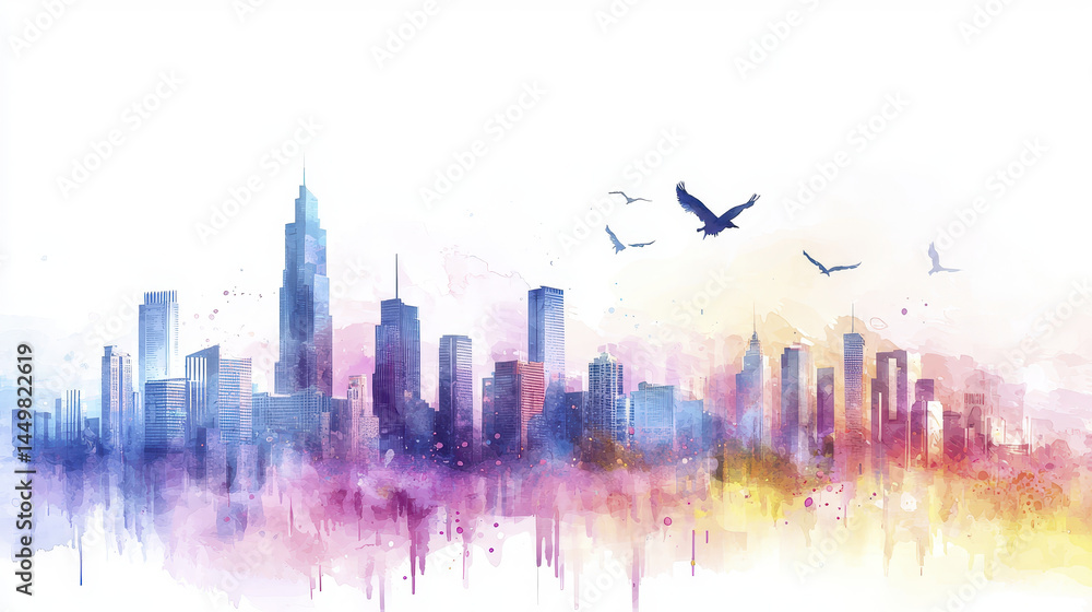 Obraz premium vibrant city skyline in watercolor style, featuring tall buildings and flying birds, evokes sense of creativity and freedom