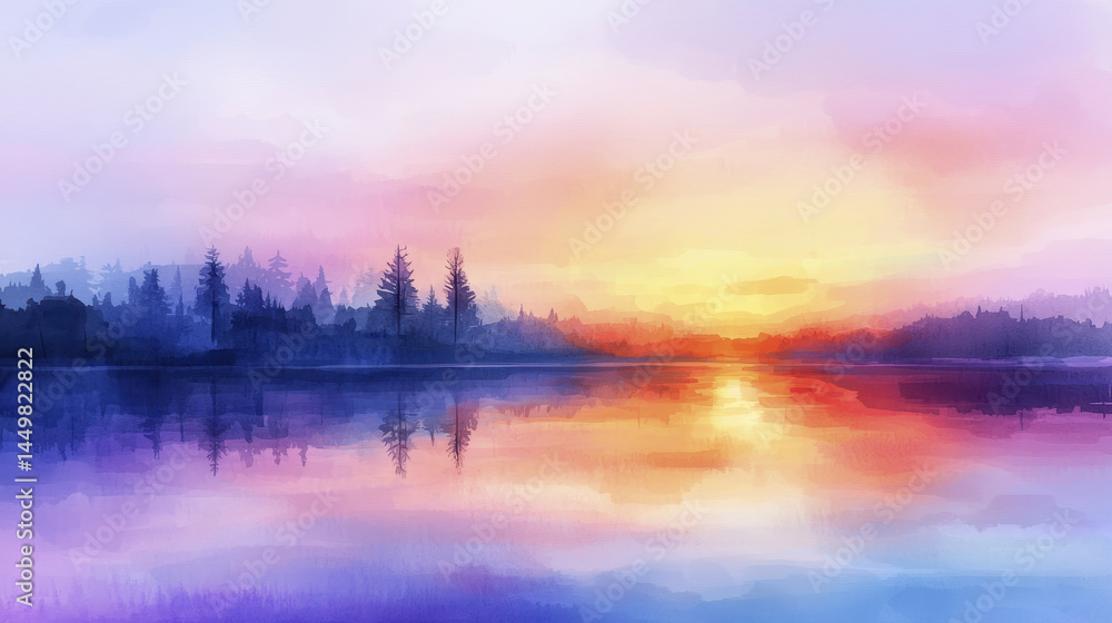 Fototapeta premium serene watercolor landscape featuring tranquil lake at sunset, with vibrant hues of orange, pink, and purple reflecting on water surface
