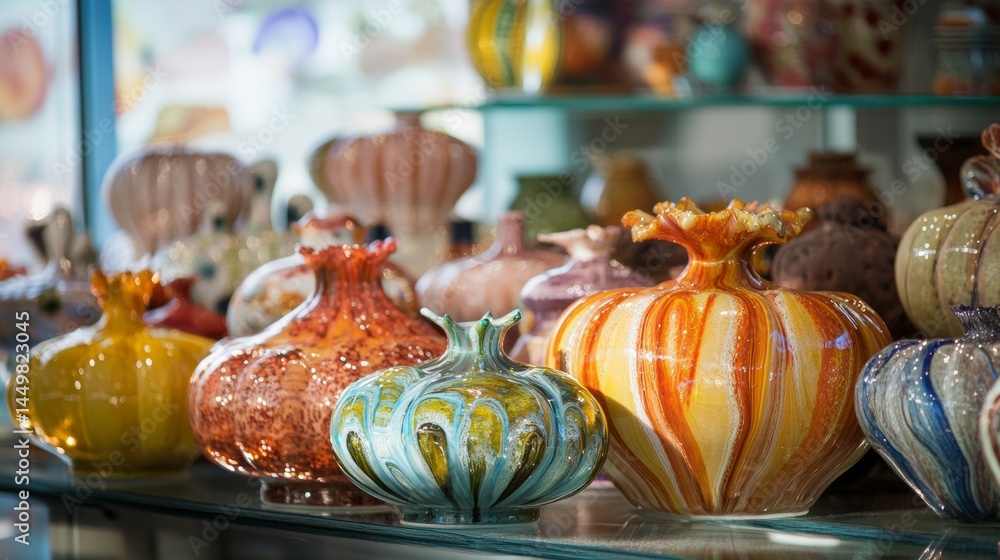 Fototapeta premium Ceramic artisan pots on table with bright painted designs