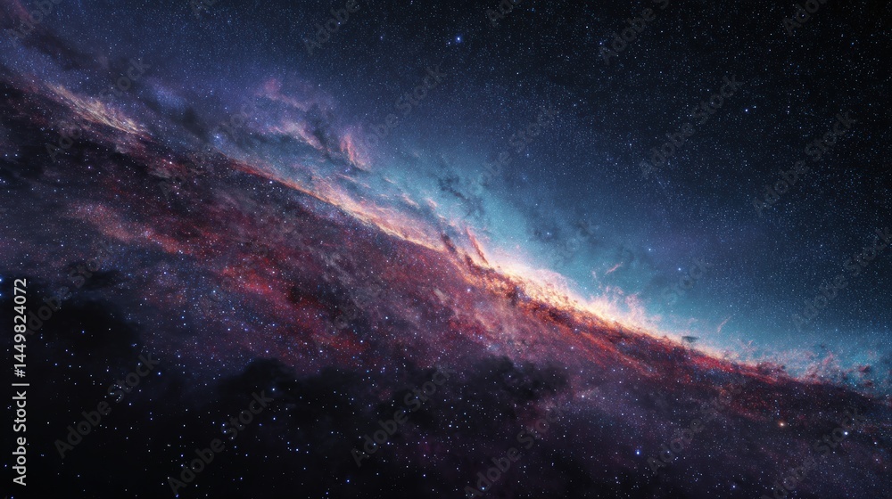 Obraz premium A breathtaking view of a vibrant nebula, swirling with cosmic dust and gas in hues of purple, pink, and teal. The vast expanse of space is studded with countless stars.