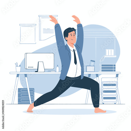 Businessman doing yoga in the office flat design on office background