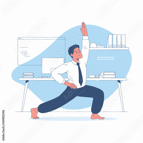 Businessman doing yoga in the office flat illustration on office background