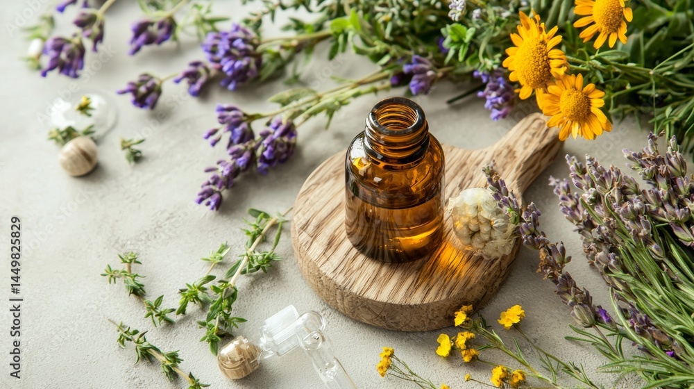 Obraz premium Essential oil bottle with wild herbs and wooden background