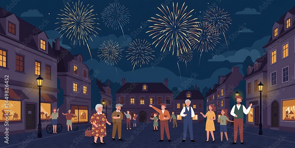 Fototapeta premium People Watching Firework Display in Town Square at Night