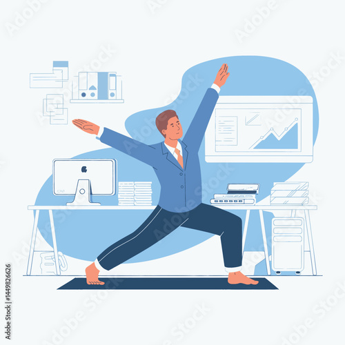 Businessman doing yoga in the office illustration background