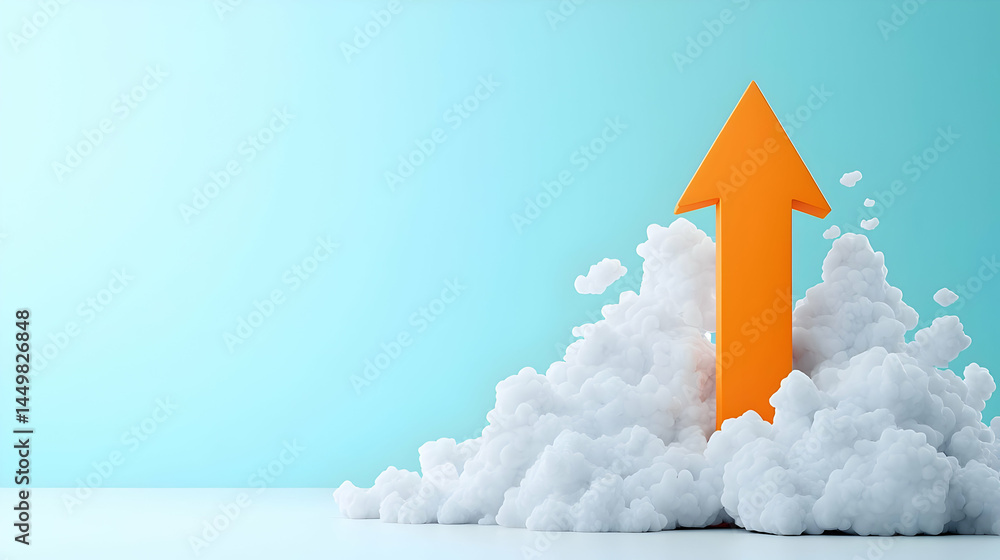 Fototapeta premium Orange Arrow Rising from Clouds Against Soft Blue Background