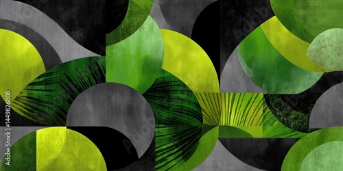 Fototapeta Naklejka Na Ścianę i Meble -  Abstract geometric shapes in jungle green, arranged in circular patterns with natural textures, creating an organic yet modern design