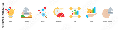 Strategic Growth icon sheet vector illustration idea, strategy, rocket, performance, chart, profit, strategic thinking