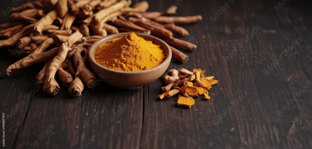Dried turmeric, coriander, cinnamon on dark wood, table, orange, ingredient Dried turmeric, coriander, cinnamon on dark wood, table, orange, ingredient