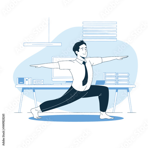 Businessman doing yoga in the office illustration design on office background
