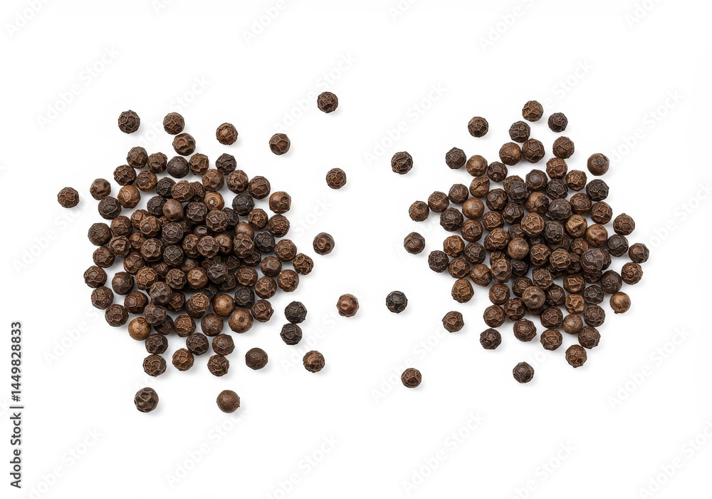 Two small piles of whole black peppercorns are scattered on a clean white surface, top down view Two small piles of whole black peppercorns are scattered on a clean white surface, top down view