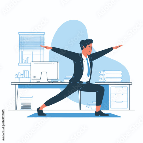 Businessman doing yoga in the office illustration flat