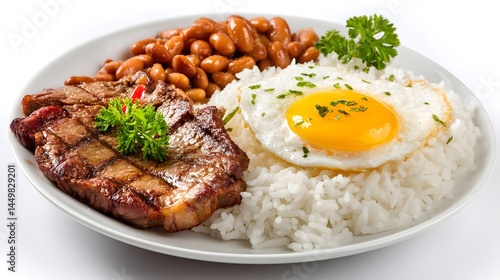 A plate of food with steak, rice, beans, and a fried egg, garnished with parsley on a white background
