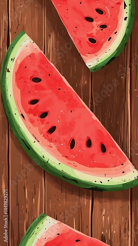 Sliced Watermelons with Seeds on Brown Wooden Texture, Ripe Fruit Background