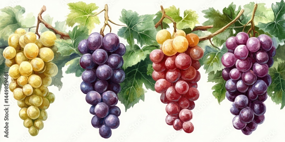Bunches of colourful grapes hanging from a vine on a white background for cooking blogs, vineyard websites and healthy eating guides.
Bunches of colourful grapes hanging from a vine on a white background for cooking blogs, vineyard websites and healthy eating guides.