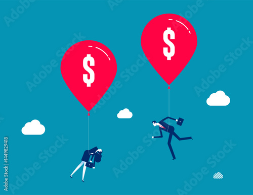 Business person pulled into the air by a balloon of bundled dollars, Hyperinflation