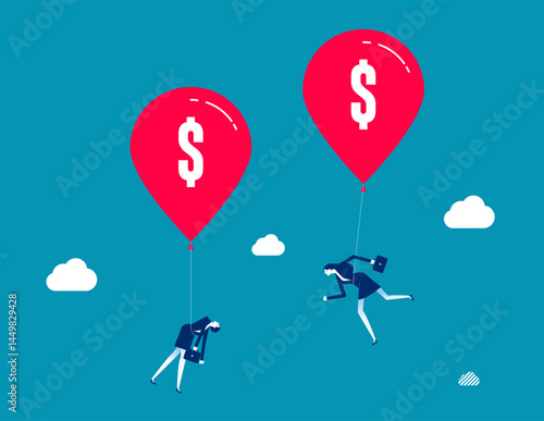Business person pulled into the air by a balloon of bundled dollars, Hyperinflation