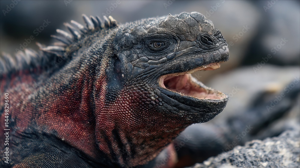 Fototapeta premium Galapagos Marine Iguana Close-Up: Open Mouth, Red Throat Detail