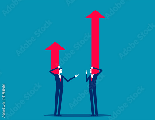 Taking a short arrow and comparing it to another business person holding a long arrow, Business strengths are analyzed and compared to improve progress and enhancement