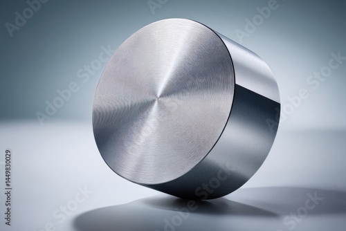 A close-up studio shot of a shiny, silver metal cylinder with circular patterns, showcasing its smooth texture and reflecting light on a gradient background.