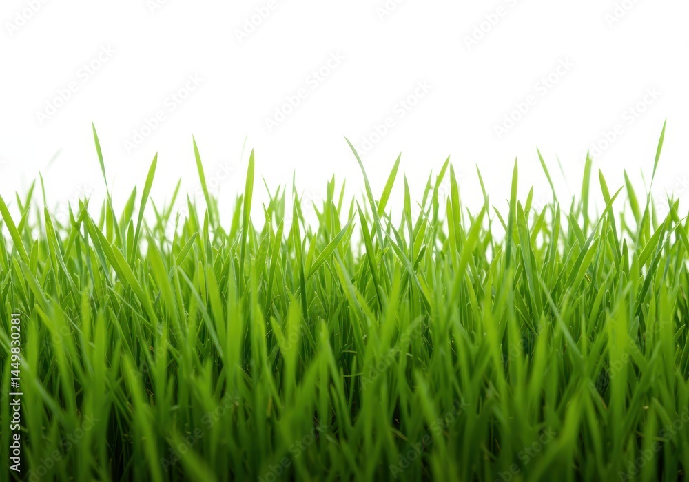 Lush green grass blades fill the frame against a bright white background in a close-up view Lush green grass blades fill the frame against a bright white background in a close-up view