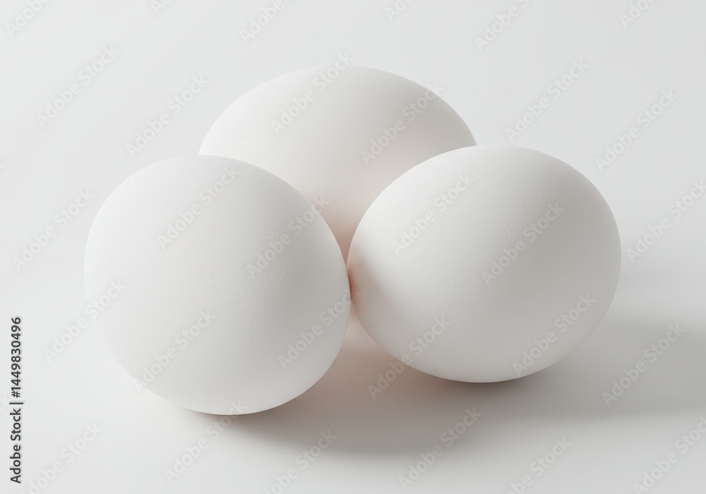 Three white eggs arranged together on a plain, light background in a studio setting Three white eggs arranged together on a plain, light background in a studio setting