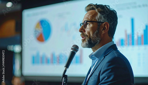 Confident Speaker: A professional, poised speaker delivers a compelling presentation. His articulate and engaging speech captivates the audience.