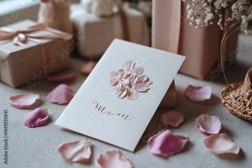 A flat lay scene showcasing a beautifully arranged Mother's Day greeting card surrounded by delicate flower petals and elegantly wrapped gifts, creating a warm, heartfelt atmosphere 