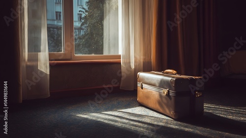 Wallpaper Mural Vintage suitcase sits on the floor near a window with curtains in a dimly lit room setting Torontodigital.ca