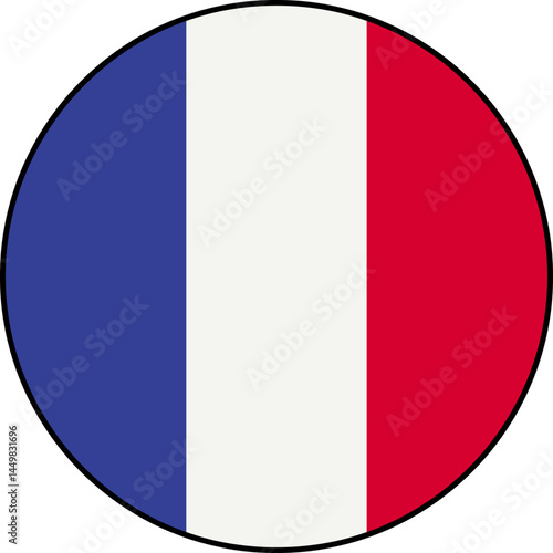 French flag vector circular icon on transparent background. Flag of France. Vector icon with black outline around the flag
