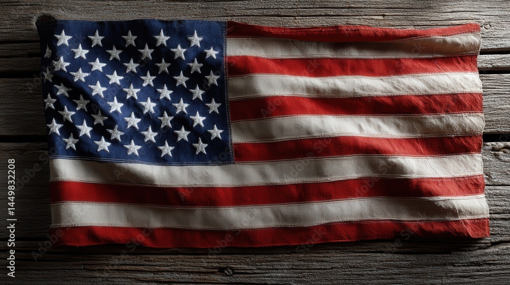Obraz premium A weathered American flag rests on a rustic wooden surface, its colors rich with history.