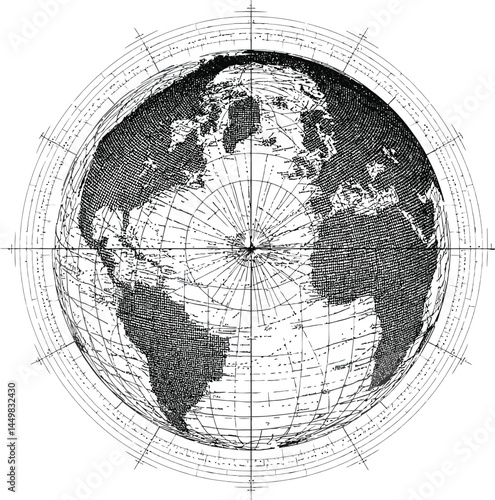 Vector Detailed Earth Globe, Monochrome North Atlantic View.