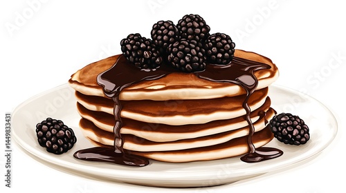 Stack of Pancakes with Chocolate Syrup and Blackberries on a White Plate Isolated