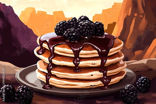 Stack of Pancakes, Chocolate Syrup, Blackberries, Desert Background,